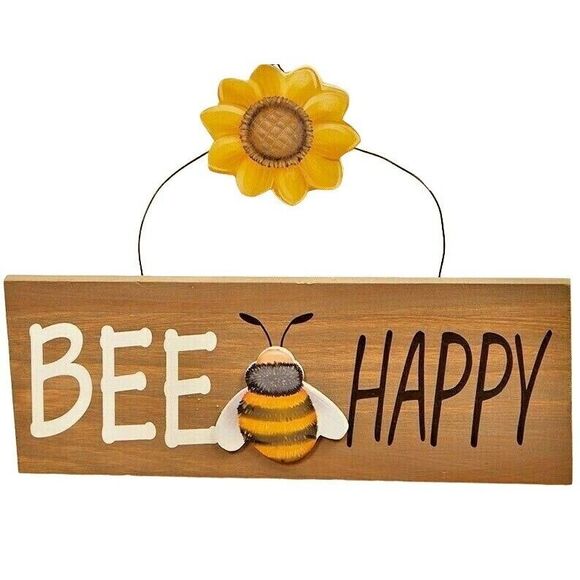 Bee Happy Sunflower Hanging Wood Wall Plaque 12" Fiberboard Metal Honeybee Gift - Picture 1 of 2